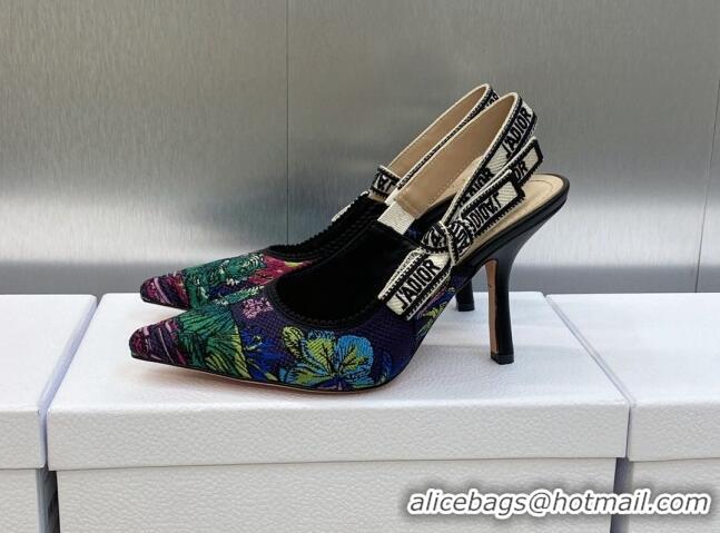 Best Grade Dior J'Adior Slingback Pumps 9.5cm in Purple Multicolor Embroidered Cotton with Toile de Jouy Voyage Motif 60