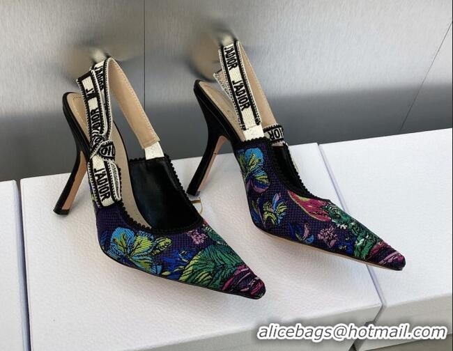 Best Grade Dior J'Adior Slingback Pumps 9.5cm in Purple Multicolor Embroidered Cotton with Toile de Jouy Voyage Motif 60