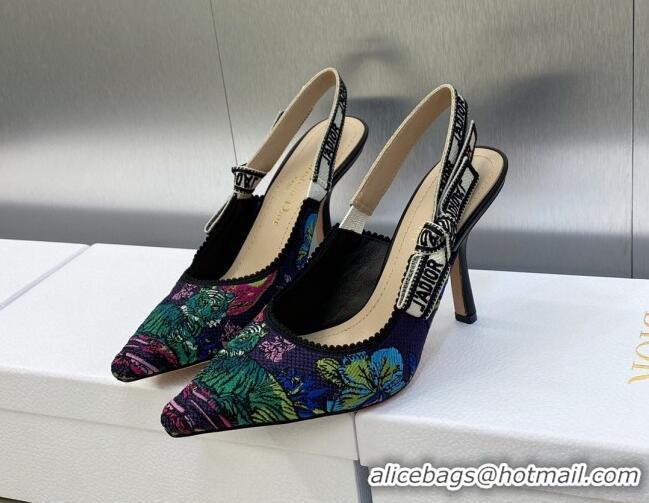 Best Grade Dior J'Adior Slingback Pumps 9.5cm in Purple Multicolor Embroidered Cotton with Toile de Jouy Voyage Motif 60