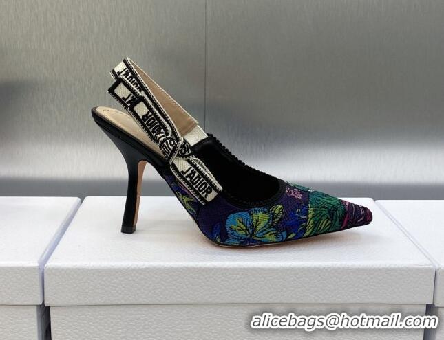 Best Grade Dior J'Adior Slingback Pumps 9.5cm in Purple Multicolor Embroidered Cotton with Toile de Jouy Voyage Motif 60