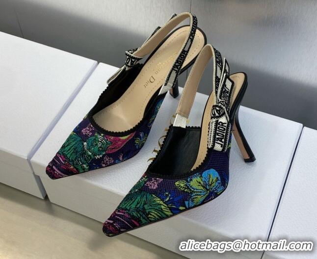 Best Grade Dior J'Adior Slingback Pumps 9.5cm in Purple Multicolor Embroidered Cotton with Toile de Jouy Voyage Motif 60