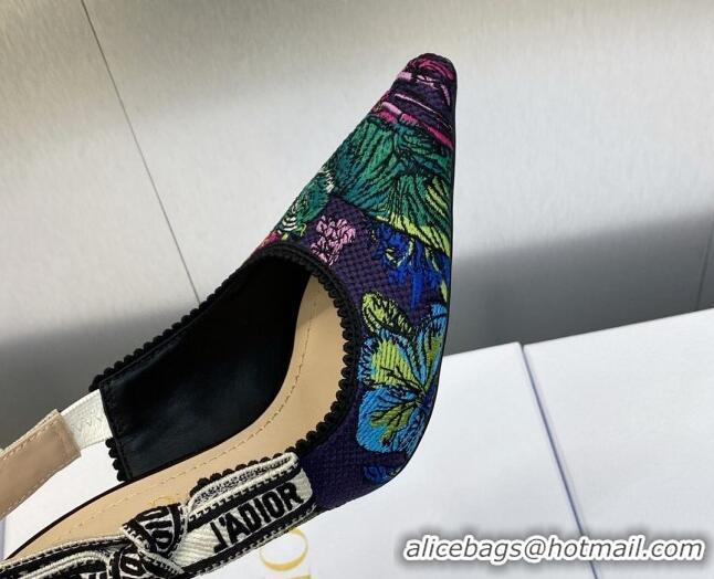 Best Grade Dior J'Adior Slingback Pumps 9.5cm in Purple Multicolor Embroidered Cotton with Toile de Jouy Voyage Motif 60