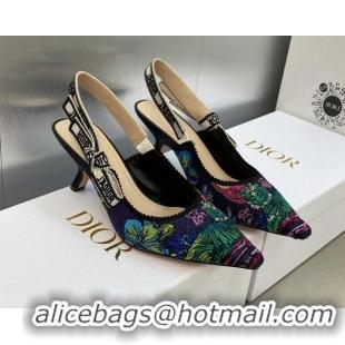 Best Price Dior J'Adior Slingback Pumps 6.5cm in Purple Multicolor Embroidered Cotton with Toile de Jouy Voyage Motif 60