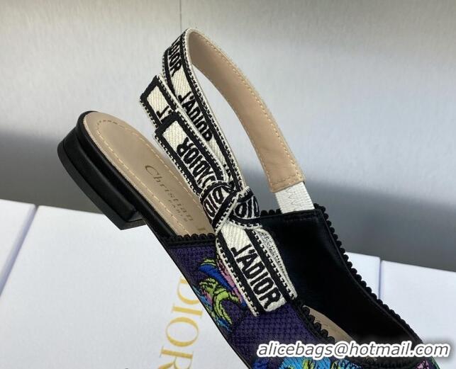 Purchase Dior J'Adior Slingback Flat in Purple Multicolor Embroidered Cotton with Toile de Jouy Voyage Motif 606064