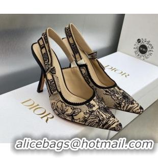 Pretty Style Dior J'Adior Slingback Pumps 9.5cm in Beige and Black Embroidered Cotton with Toile de Jouy Voyage Motif 60