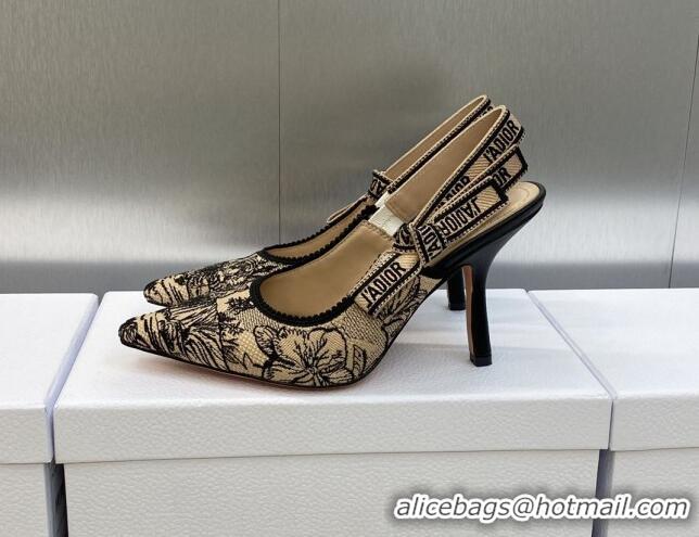 Pretty Style Dior J'Adior Slingback Pumps 9.5cm in Beige and Black Embroidered Cotton with Toile de Jouy Voyage Motif 60