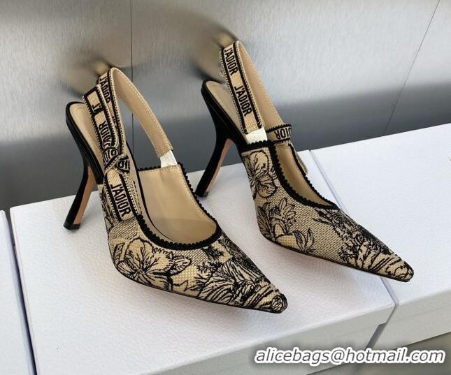 Pretty Style Dior J'Adior Slingback Pumps 9.5cm in Beige and Black Embroidered Cotton with Toile de Jouy Voyage Motif 60