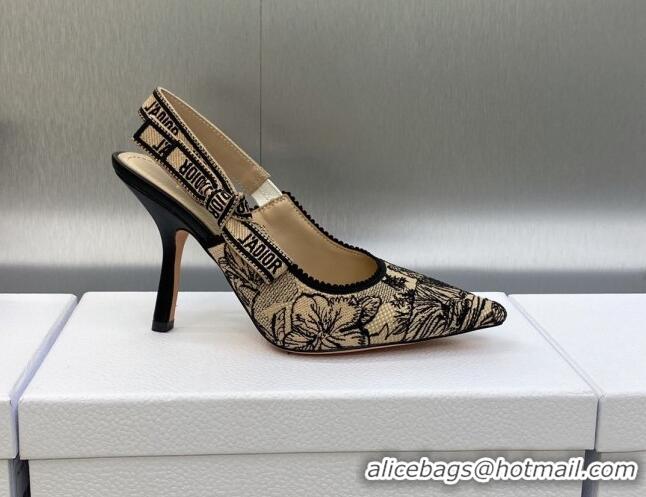 Pretty Style Dior J'Adior Slingback Pumps 9.5cm in Beige and Black Embroidered Cotton with Toile de Jouy Voyage Motif 60