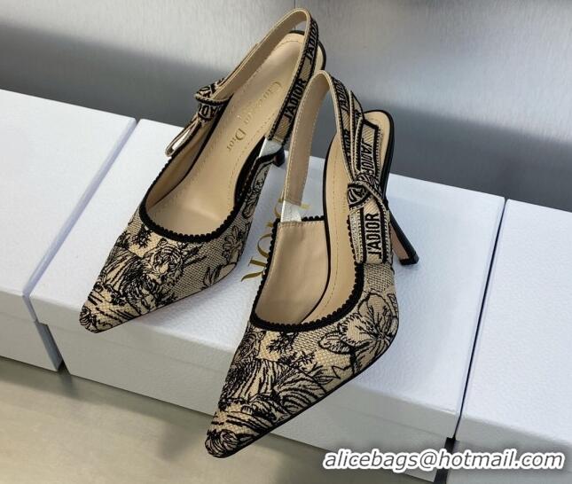 Pretty Style Dior J'Adior Slingback Pumps 9.5cm in Beige and Black Embroidered Cotton with Toile de Jouy Voyage Motif 60