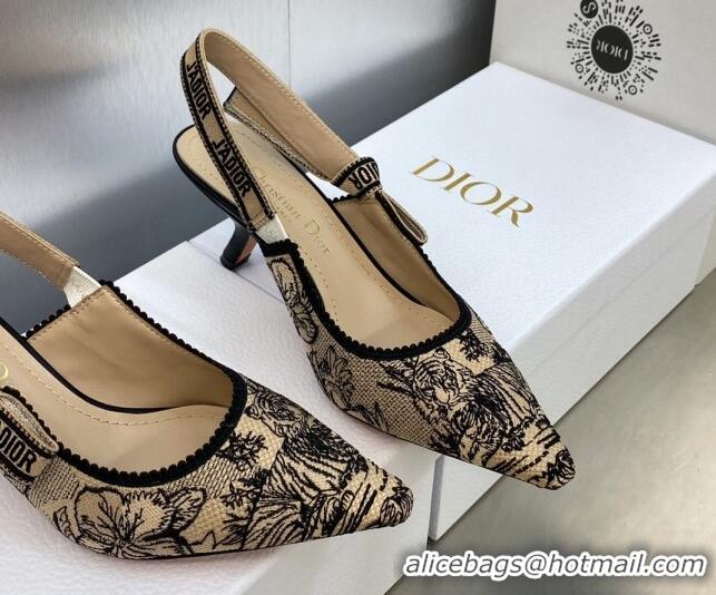 Sophisticated Dior J'Adior Slingback Pumps 6.5cm in Beige and Black Embroidered Cotton with Toile de Jouy Voyage Motif 6