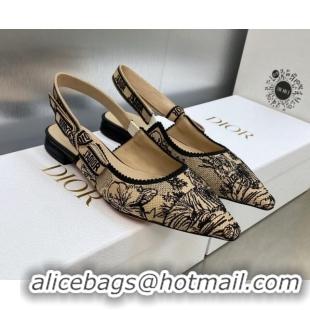 Hot Style Dior J'Adior Slingback Flat in Beige and Black Embroidered Cotton with Toile de Jouy Voyage Motif 606067