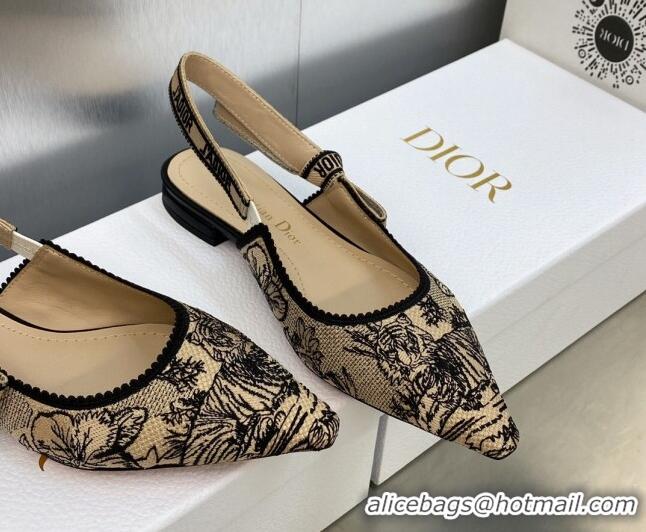 Hot Style Dior J'Adior Slingback Flat in Beige and Black Embroidered Cotton with Toile de Jouy Voyage Motif 606067