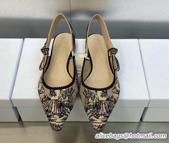 Hot Style Dior J'Adior Slingback Flat in Beige and Black Embroidered Cotton with Toile de Jouy Voyage Motif 606067