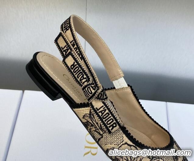 Hot Style Dior J'Adior Slingback Flat in Beige and Black Embroidered Cotton with Toile de Jouy Voyage Motif 606067