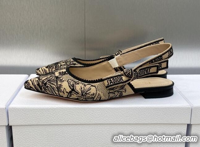 Hot Style Dior J'Adior Slingback Flat in Beige and Black Embroidered Cotton with Toile de Jouy Voyage Motif 606067