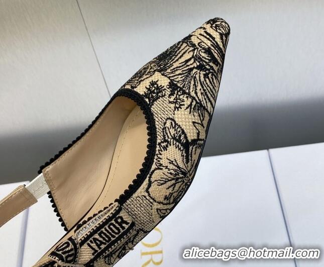 Hot Style Dior J'Adior Slingback Flat in Beige and Black Embroidered Cotton with Toile de Jouy Voyage Motif 606067