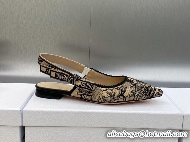 Hot Style Dior J'Adior Slingback Flat in Beige and Black Embroidered Cotton with Toile de Jouy Voyage Motif 606067