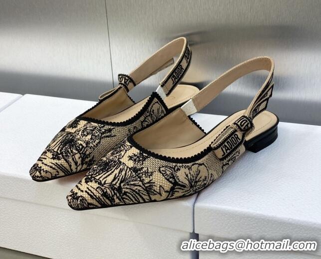 Hot Style Dior J'Adior Slingback Flat in Beige and Black Embroidered Cotton with Toile de Jouy Voyage Motif 606067