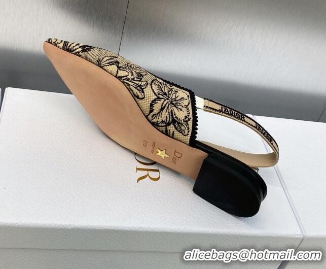 Hot Style Dior J'Adior Slingback Flat in Beige and Black Embroidered Cotton with Toile de Jouy Voyage Motif 606067