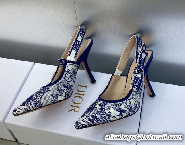 Best Product Dior J'Adior Slingback Pumps 9.5cm in Blue and White Embroidered Cotton with Toile de Jouy Voyage Motif 606