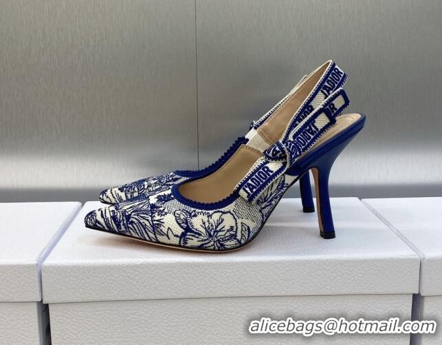 Best Product Dior J'Adior Slingback Pumps 9.5cm in Blue and White Embroidered Cotton with Toile de Jouy Voyage Motif 606