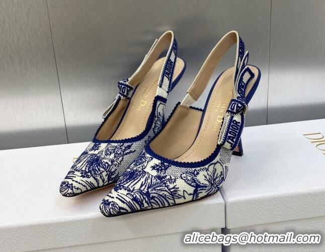 Best Product Dior J'Adior Slingback Pumps 9.5cm in Blue and White Embroidered Cotton with Toile de Jouy Voyage Motif 606