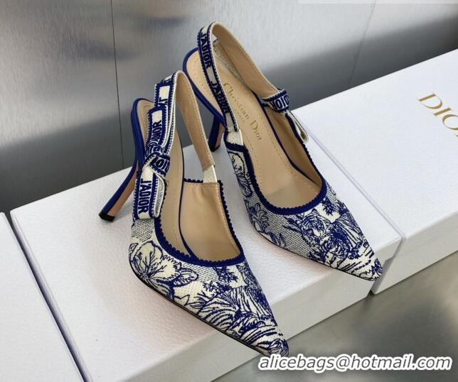 Best Product Dior J'Adior Slingback Pumps 9.5cm in Blue and White Embroidered Cotton with Toile de Jouy Voyage Motif 606