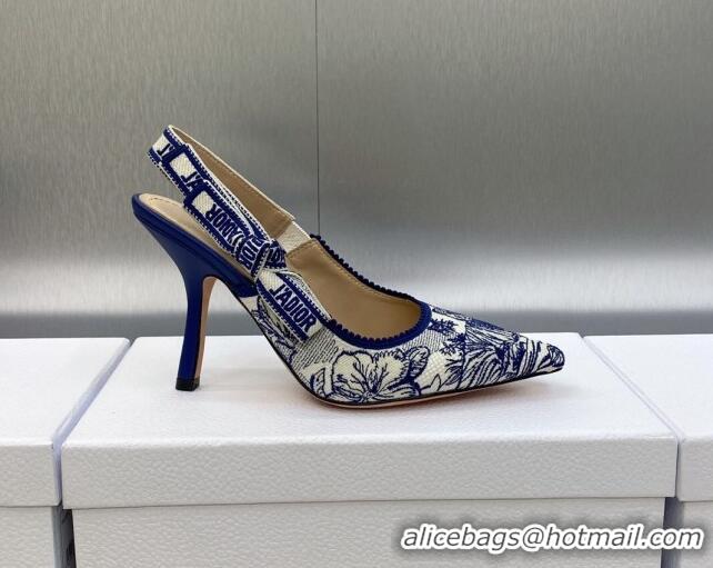 Best Product Dior J'Adior Slingback Pumps 9.5cm in Blue and White Embroidered Cotton with Toile de Jouy Voyage Motif 606