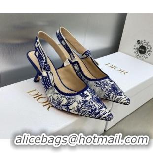 Top Design Dior J'Adior Slingback Pumps 6.5cm in Blue and White Embroidered Cotton with Toile de Jouy Voyage Motif 60606