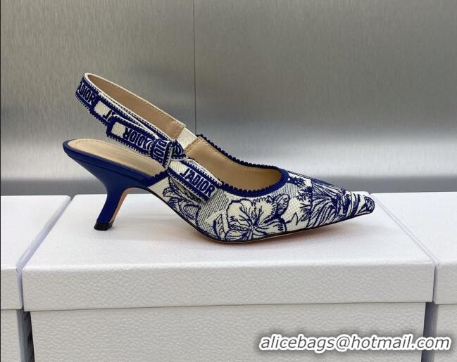 Top Design Dior J'Adior Slingback Pumps 6.5cm in Blue and White Embroidered Cotton with Toile de Jouy Voyage Motif 60606