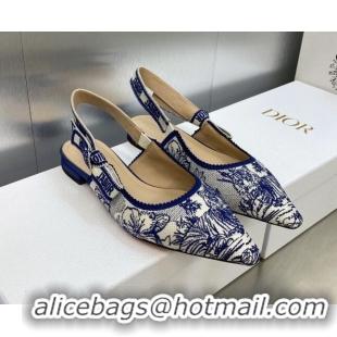 Cheap Price Dior J'Adior Slingback Flat in Blue and White Embroidered Cotton with Toile de Jouy Voyage Motif 606070