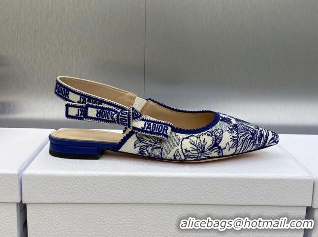 Cheap Price Dior J'Adior Slingback Flat in Blue and White Embroidered Cotton with Toile de Jouy Voyage Motif 606070