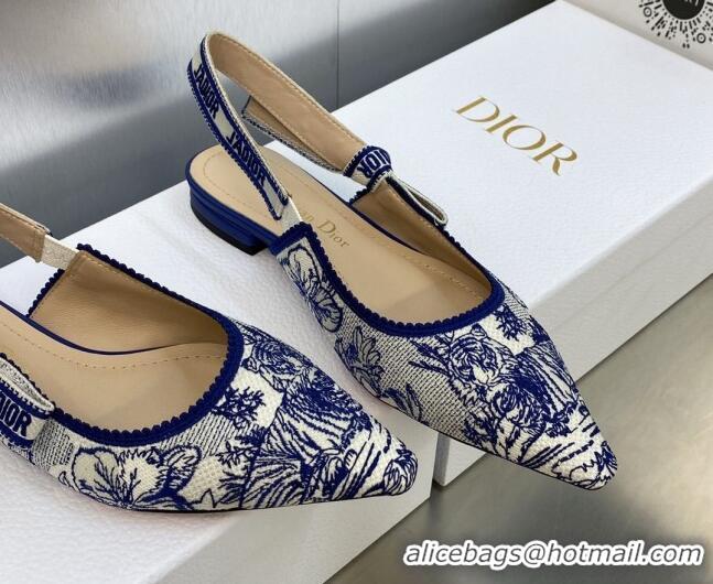 Cheap Price Dior J'Adior Slingback Flat in Blue and White Embroidered Cotton with Toile de Jouy Voyage Motif 606070