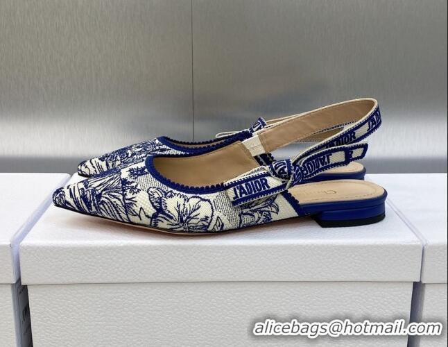 Cheap Price Dior J'Adior Slingback Flat in Blue and White Embroidered Cotton with Toile de Jouy Voyage Motif 606070