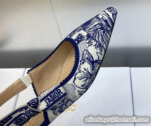 Cheap Price Dior J'Adior Slingback Flat in Blue and White Embroidered Cotton with Toile de Jouy Voyage Motif 606070