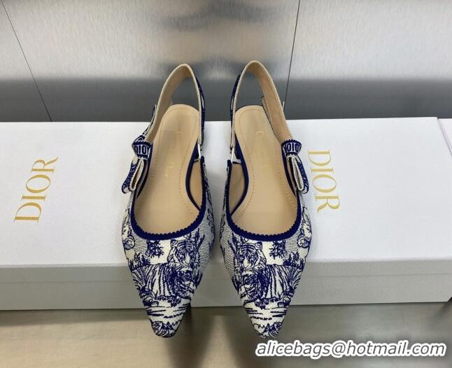 Cheap Price Dior J'Adior Slingback Flat in Blue and White Embroidered Cotton with Toile de Jouy Voyage Motif 606070