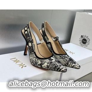 Top Grade Dior J'Adior Slingback Pumps 9.5cm in Black and White Embroidered Cotton with Toile de Jouy Voyage Motif 60607