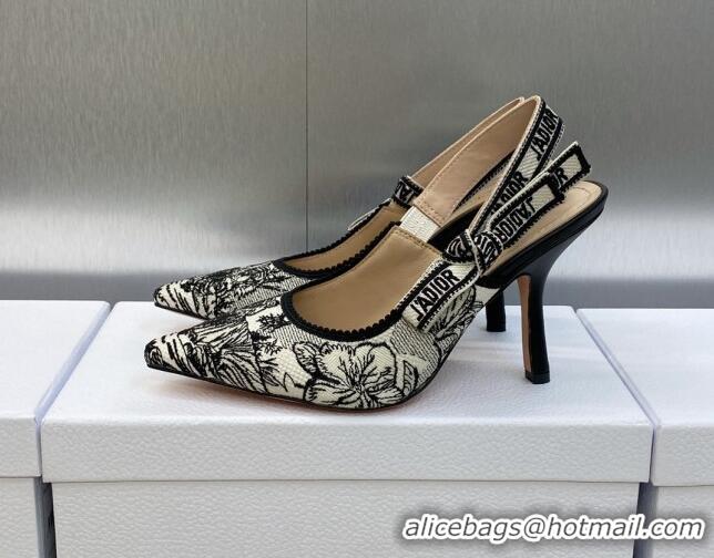 Top Grade Dior J'Adior Slingback Pumps 9.5cm in Black and White Embroidered Cotton with Toile de Jouy Voyage Motif 60607