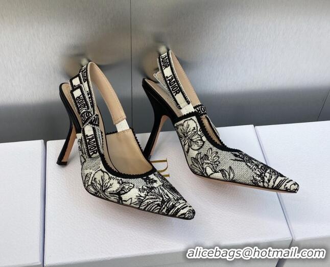 Top Grade Dior J'Adior Slingback Pumps 9.5cm in Black and White Embroidered Cotton with Toile de Jouy Voyage Motif 60607