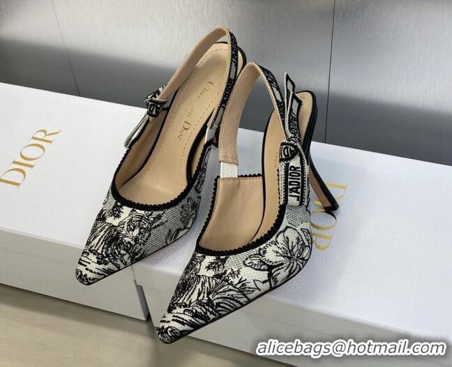 Top Grade Dior J'Adior Slingback Pumps 9.5cm in Black and White Embroidered Cotton with Toile de Jouy Voyage Motif 60607