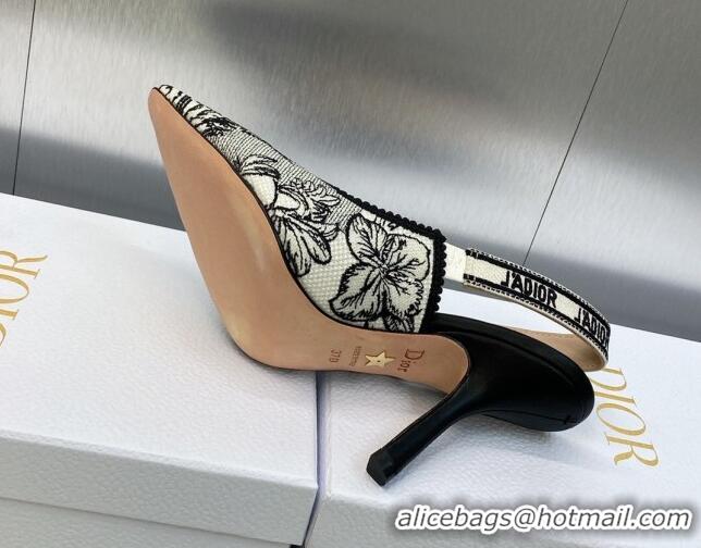 Top Grade Dior J'Adior Slingback Pumps 9.5cm in Black and White Embroidered Cotton with Toile de Jouy Voyage Motif 60607