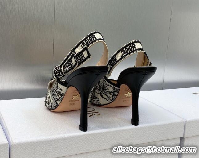 Top Grade Dior J'Adior Slingback Pumps 9.5cm in Black and White Embroidered Cotton with Toile de Jouy Voyage Motif 60607