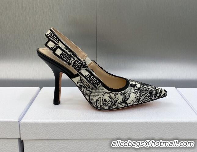 Top Grade Dior J'Adior Slingback Pumps 9.5cm in Black and White Embroidered Cotton with Toile de Jouy Voyage Motif 60607