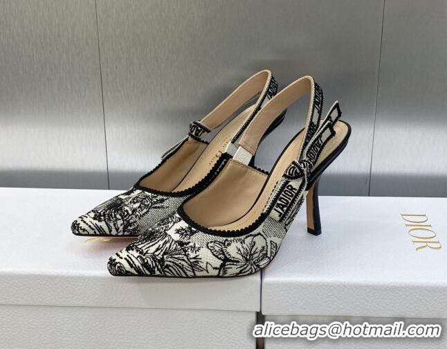 Top Grade Dior J'Adior Slingback Pumps 9.5cm in Black and White Embroidered Cotton with Toile de Jouy Voyage Motif 60607