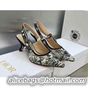 Charming Dior J'Adior Slingback Pumps 6.5cm in Black and White Embroidered Cotton with Toile de Jouy Voyage Motif 606072