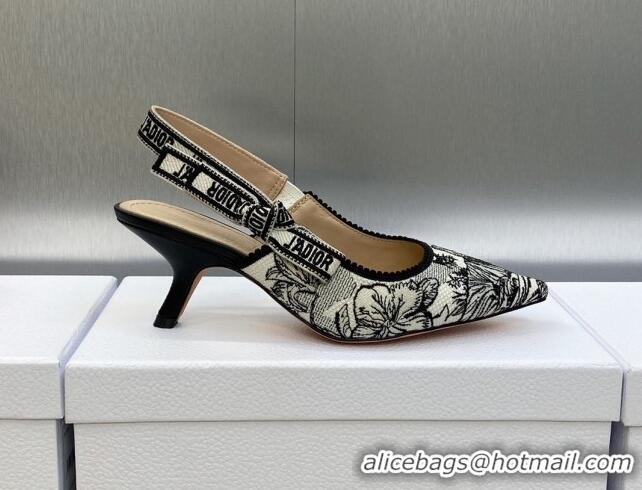 Charming Dior J'Adior Slingback Pumps 6.5cm in Black and White Embroidered Cotton with Toile de Jouy Voyage Motif 606072