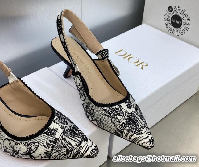 Charming Dior J'Adior Slingback Pumps 6.5cm in Black and White Embroidered Cotton with Toile de Jouy Voyage Motif 606072