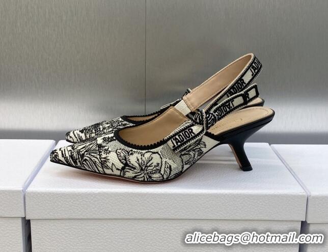 Charming Dior J'Adior Slingback Pumps 6.5cm in Black and White Embroidered Cotton with Toile de Jouy Voyage Motif 606072