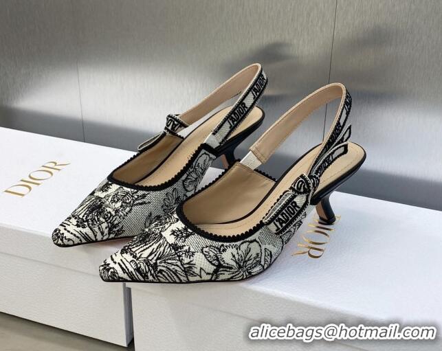 Charming Dior J'Adior Slingback Pumps 6.5cm in Black and White Embroidered Cotton with Toile de Jouy Voyage Motif 606072