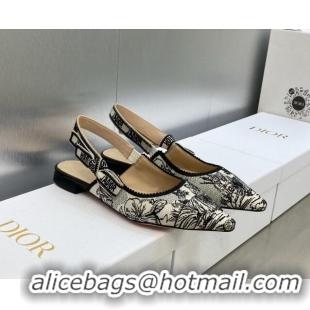 Charming Dior J'Adior Slingback Flat in Black and White Embroidered Cotton with Toile de Jouy Voyage Motif 606073